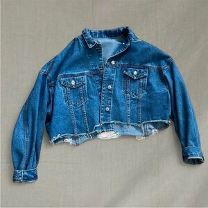 Blue denim cropped distressed jean jacket